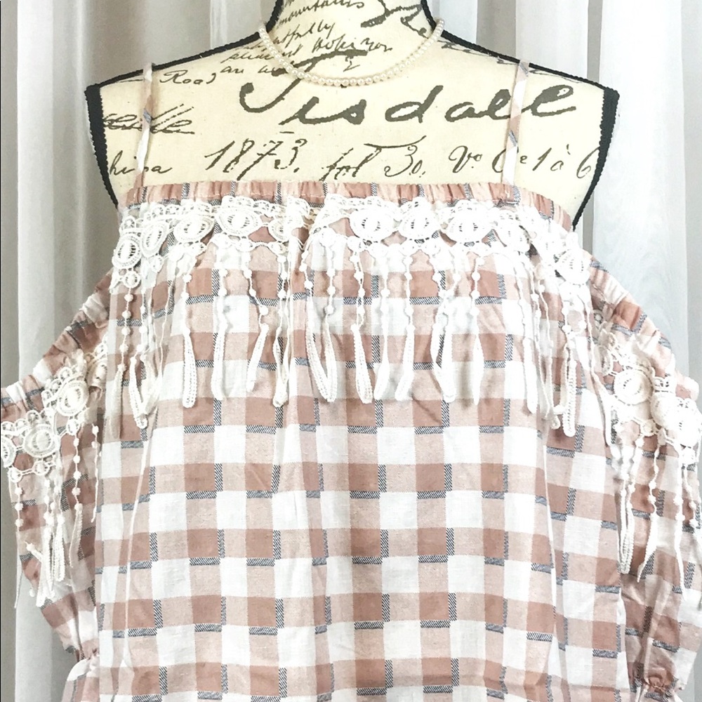NWT Gingham Off Shoulder Boho Blouse Sz M